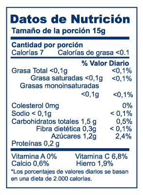 Valor nutricional de Moras<br>congeladas Logistica Chile